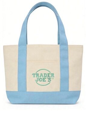 New Trader Joe's Cream and Light Blue Canvas Mini Tote